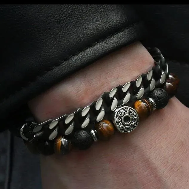 Tiger Eye Stone Bead Bracelet with Cuban Link Chain Bracelet