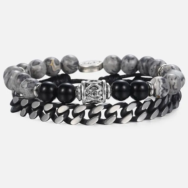 Tiger Eye Stone Bead Bracelet with Cuban Link Chain Bracelet