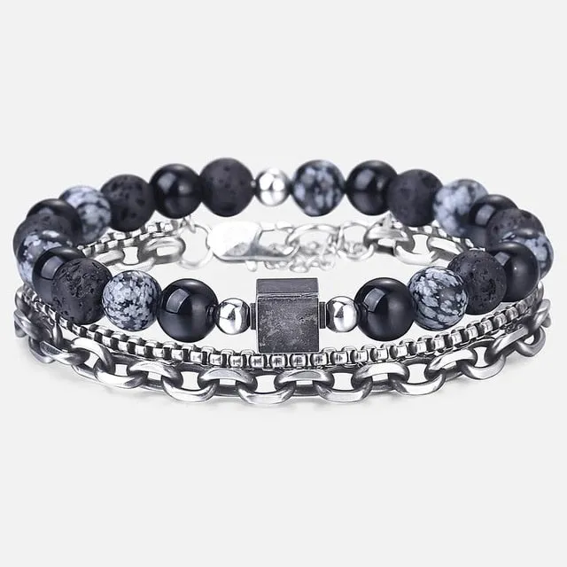 Tiger Eye Stone Bead Bracelet with Cuban Link Chain Bracelet