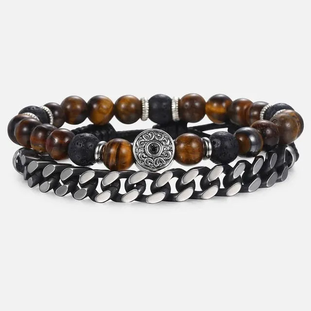 Tiger Eye Stone Bead Bracelet with Cuban Link Chain Bracelet