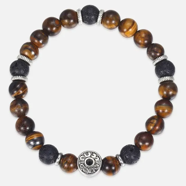 Tiger Eye Stone Bead Bracelet with Cuban Link Chain Bracelet