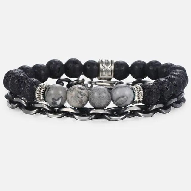 Tiger Eye Stone Bead Bracelet with Cuban Link Chain Bracelet