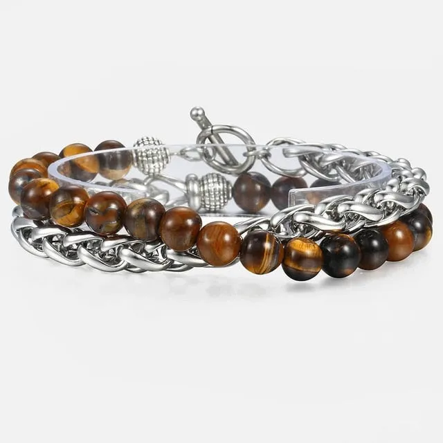 Tiger Eye Stone Bead Bracelet with Cuban Link Chain Bracelet