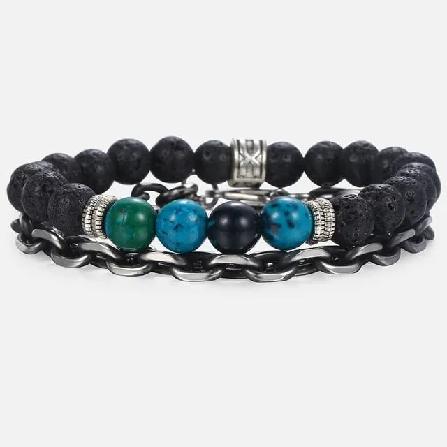 Tiger Eye Stone Bead Bracelet with Cuban Link Chain Bracelet