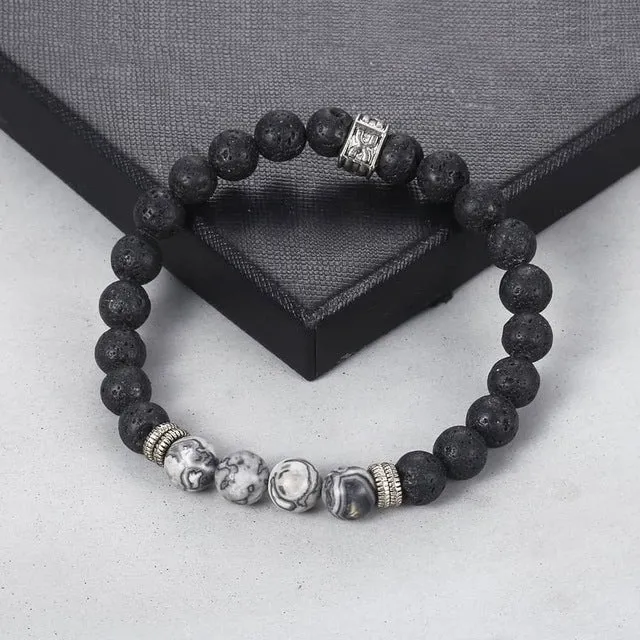 Tiger Eye Stone Bead Bracelet with Cuban Link Chain Bracelet