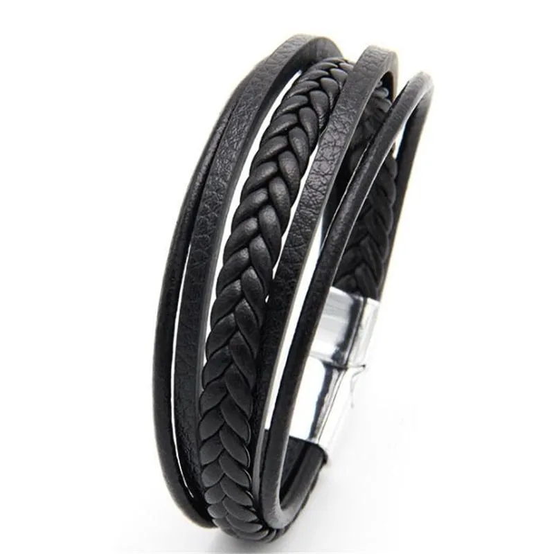 Trendy Genuine Charm Leather Stainless Steel Multilayer Braided Bracelets