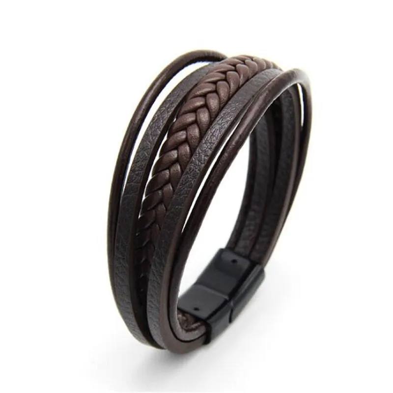 Trendy Genuine Charm Leather Stainless Steel Multilayer Braided Bracelets