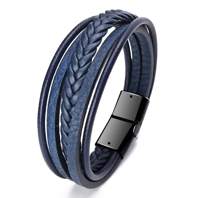 Trendy Genuine Charm Leather Stainless Steel Multilayer Braided Bracelets