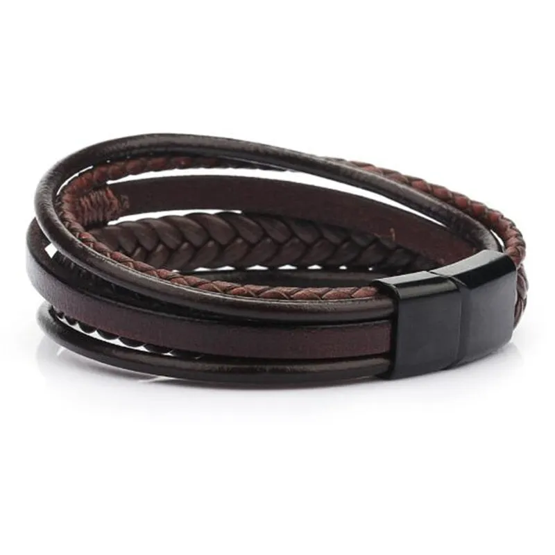 Trendy Genuine Charm Leather Stainless Steel Multilayer Braided Bracelets