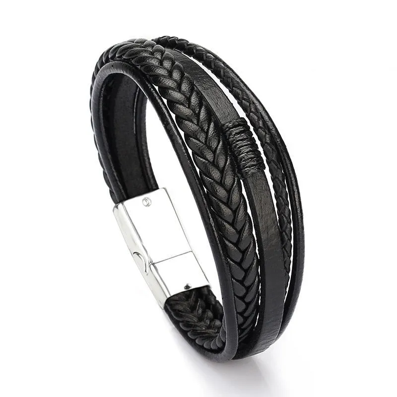 Trendy Genuine Charm Leather Stainless Steel Multilayer Braided Bracelets