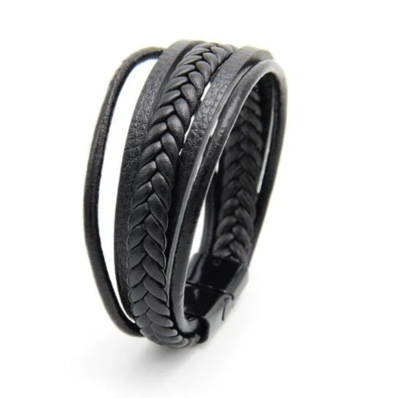 Trendy Genuine Charm Leather Stainless Steel Multilayer Braided Bracelets