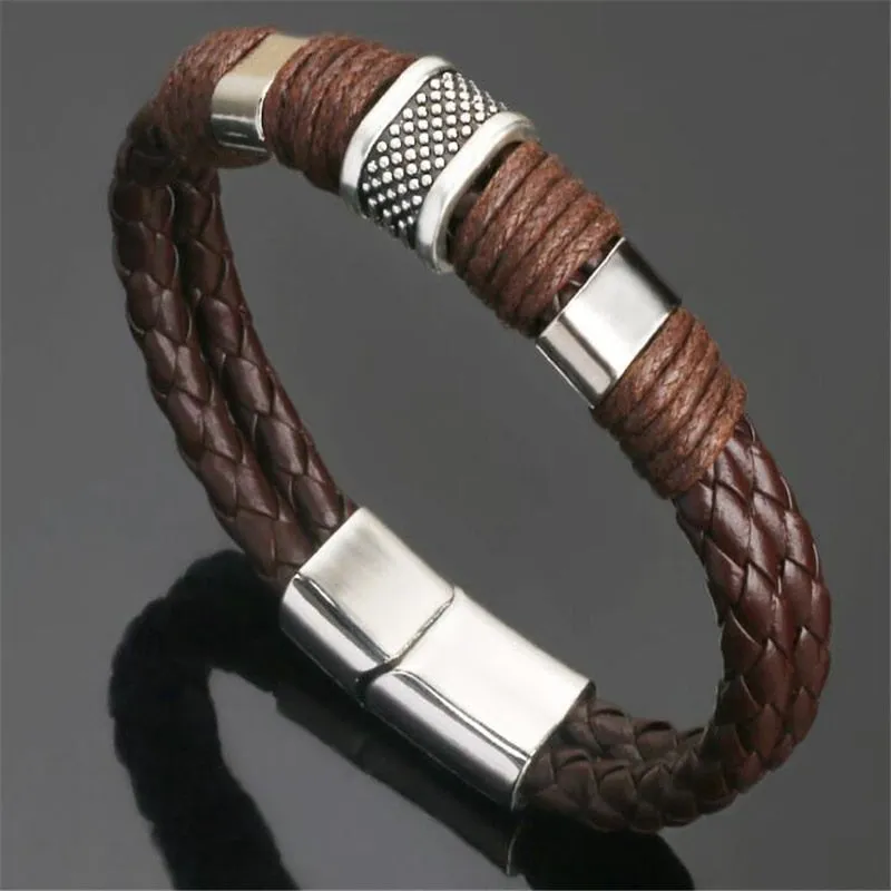 Trendy Genuine Charm Leather Stainless Steel Multilayer Braided Bracelets