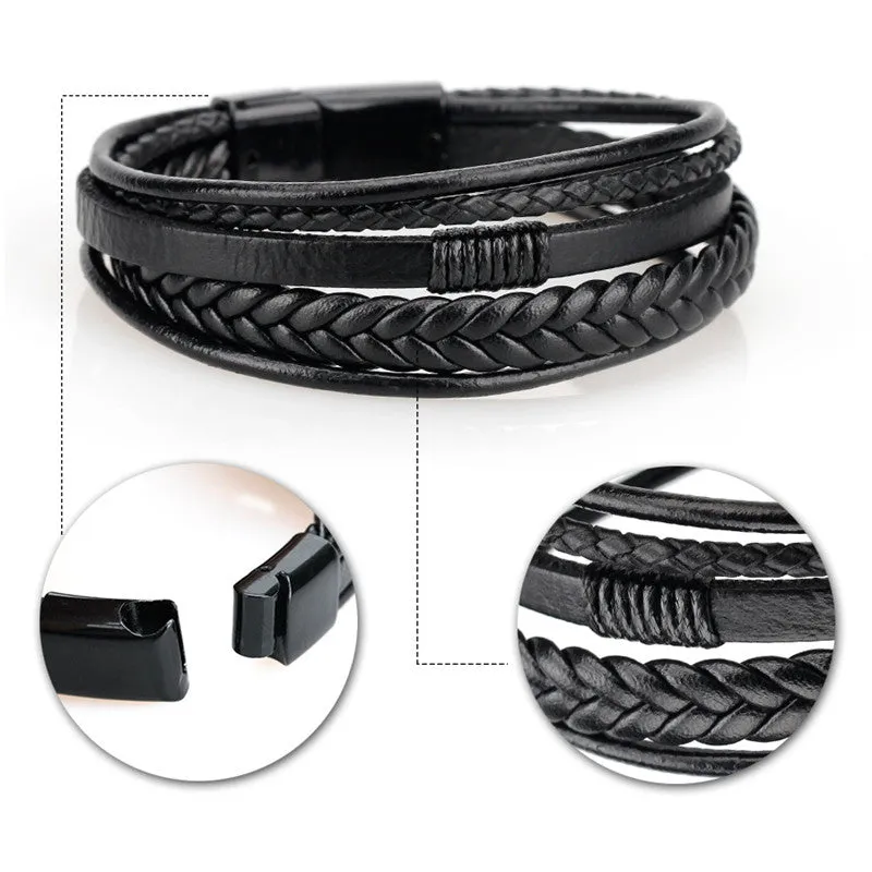 Trendy Genuine Charm Leather Stainless Steel Multilayer Braided Bracelets