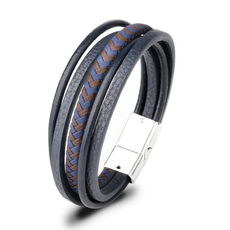 Trendy Genuine Charm Leather Stainless Steel Multilayer Braided Bracelets