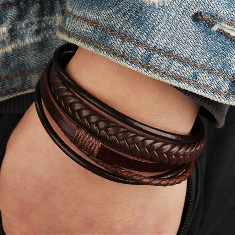 Trendy Genuine Charm Leather Stainless Steel Multilayer Braided Bracelets
