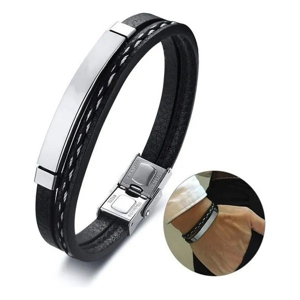 Trendy Men's Leather Weave Bracelet 3 Colors Contrast Stainless Steel Bangle