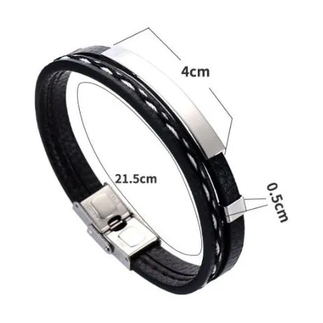Trendy Men's Leather Weave Bracelet 3 Colors Contrast Stainless Steel Bangle
