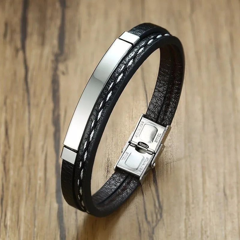 Trendy Men's Leather Weave Bracelet 3 Colors Contrast Stainless Steel Bangle