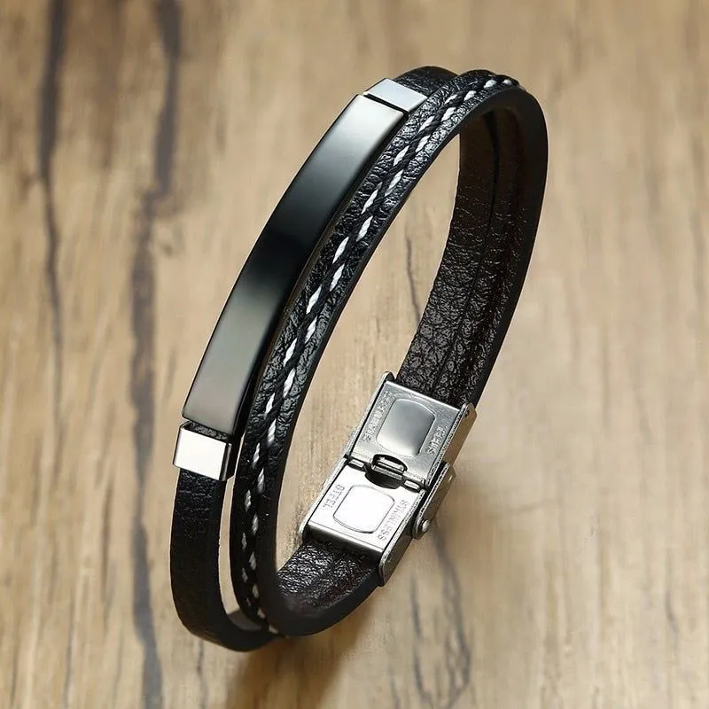Trendy Men's Leather Weave Bracelet 3 Colors Contrast Stainless Steel Bangle
