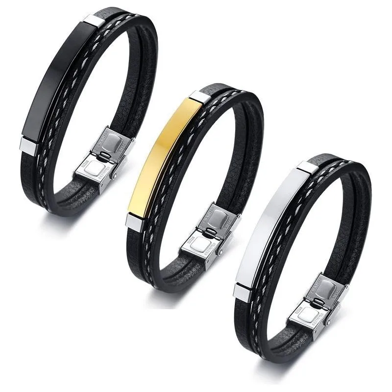 Trendy Men's Leather Weave Bracelet 3 Colors Contrast Stainless Steel Bangle