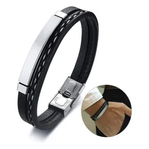Trendy Men's Leather Weave Bracelet 3 Colors Contrast Stainless Steel Bangle