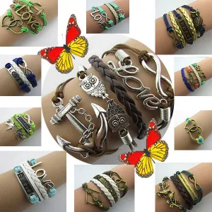 Vintage Pulseras Love Heart Leather wrap Bracelets men Jewelry For Women Owl Anchor handmade bangles bohemian bijoux femme