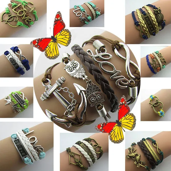 Vintage Pulseras Love Heart Leather wrap Bracelets men Jewelry For Women Owl Anchor handmade bangles bohemian bijoux femme