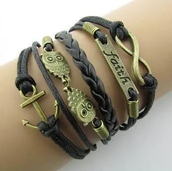 Vintage Pulseras Love Heart Leather wrap Bracelets men Jewelry For Women Owl Anchor handmade bangles bohemian bijoux femme