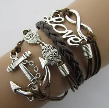 Vintage Pulseras Love Heart Leather wrap Bracelets men Jewelry For Women Owl Anchor handmade bangles bohemian bijoux femme