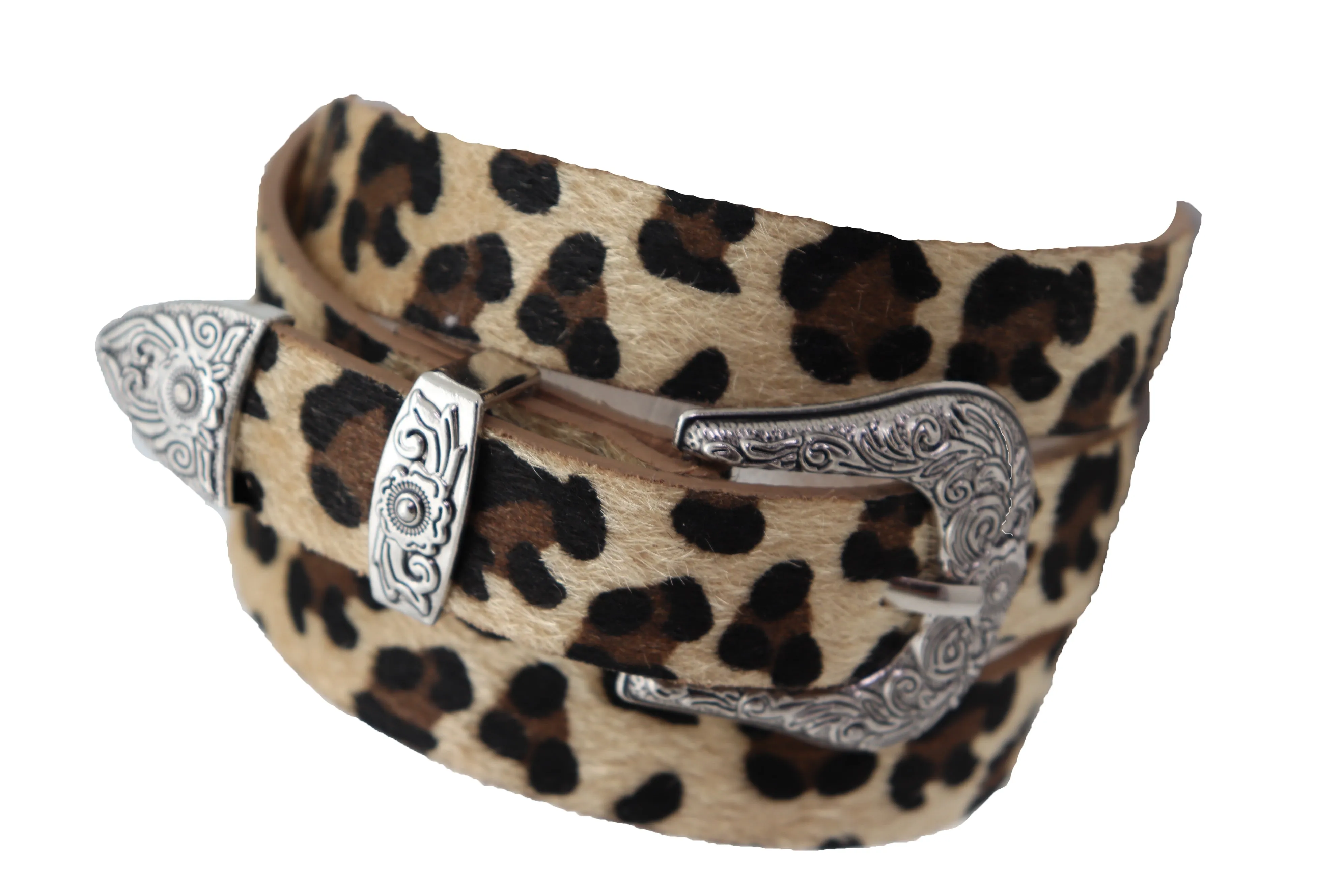 Western Filigree Buckle Faux Fur Leopard Print Skinny Classic Belt
