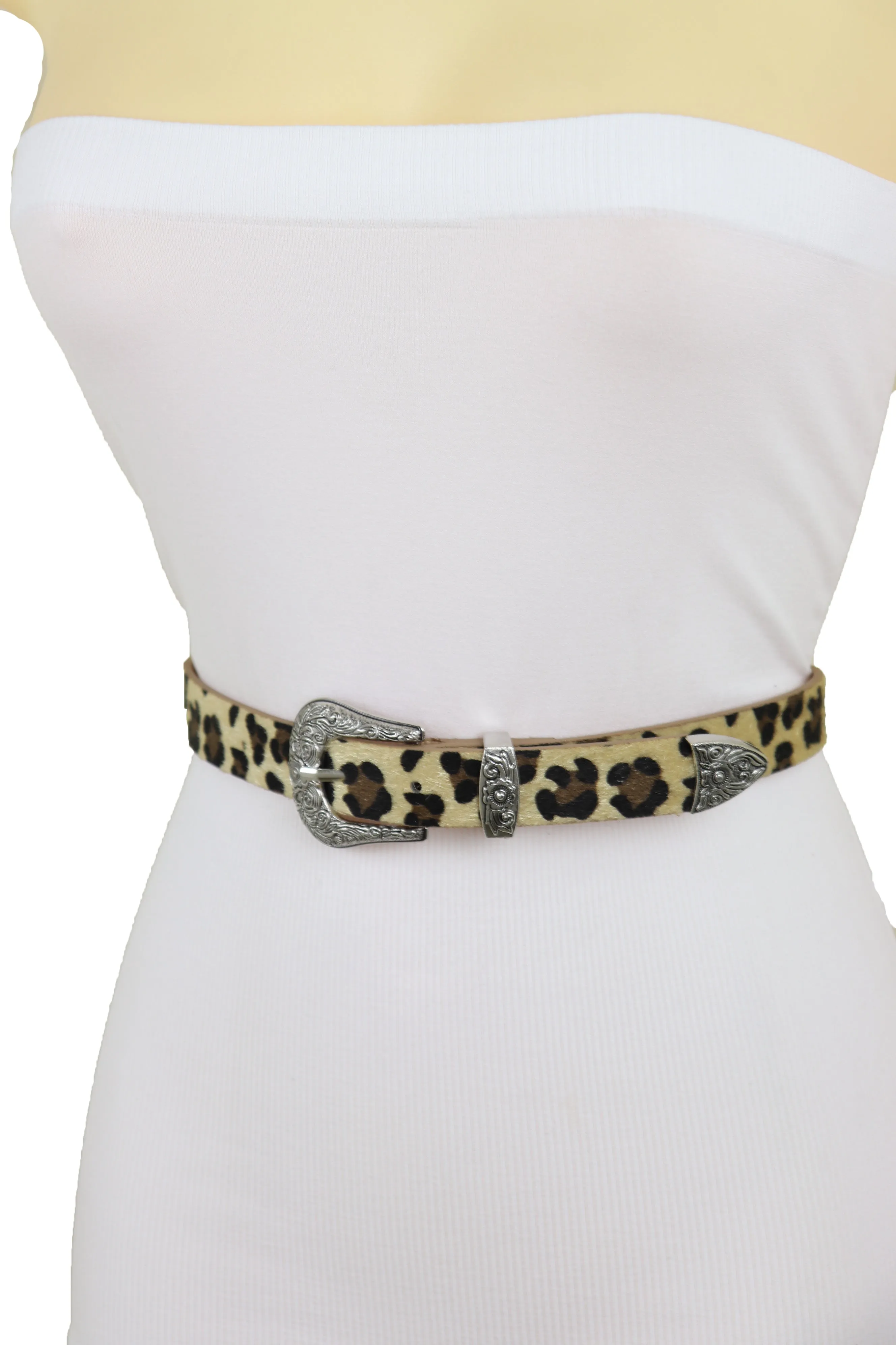 Western Filigree Buckle Faux Fur Leopard Print Skinny Classic Belt