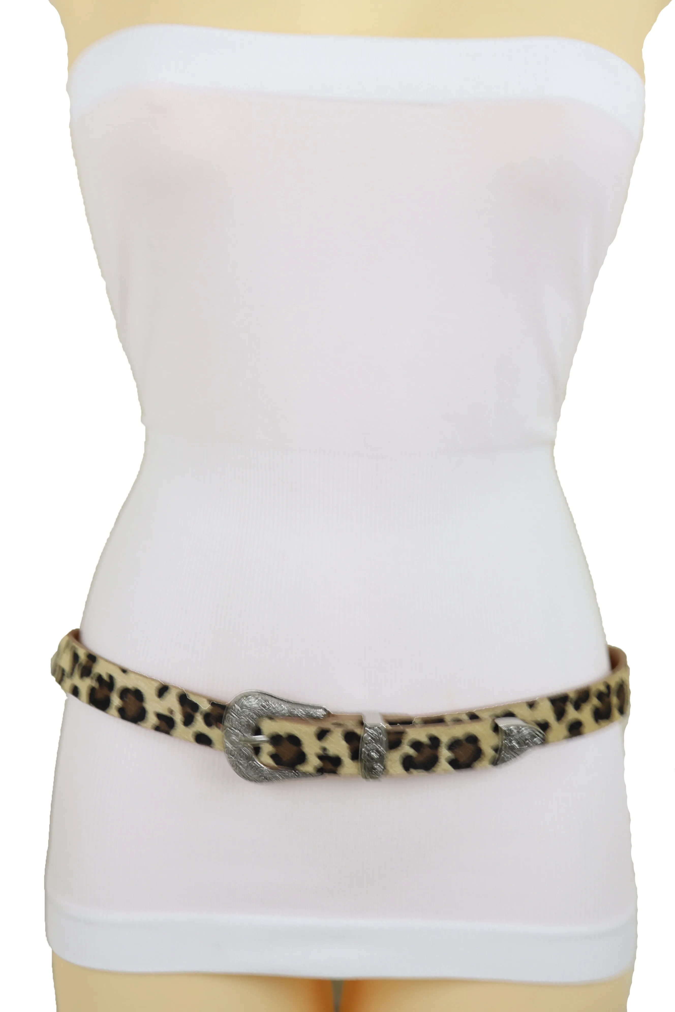 Western Filigree Buckle Faux Fur Leopard Print Skinny Classic Belt