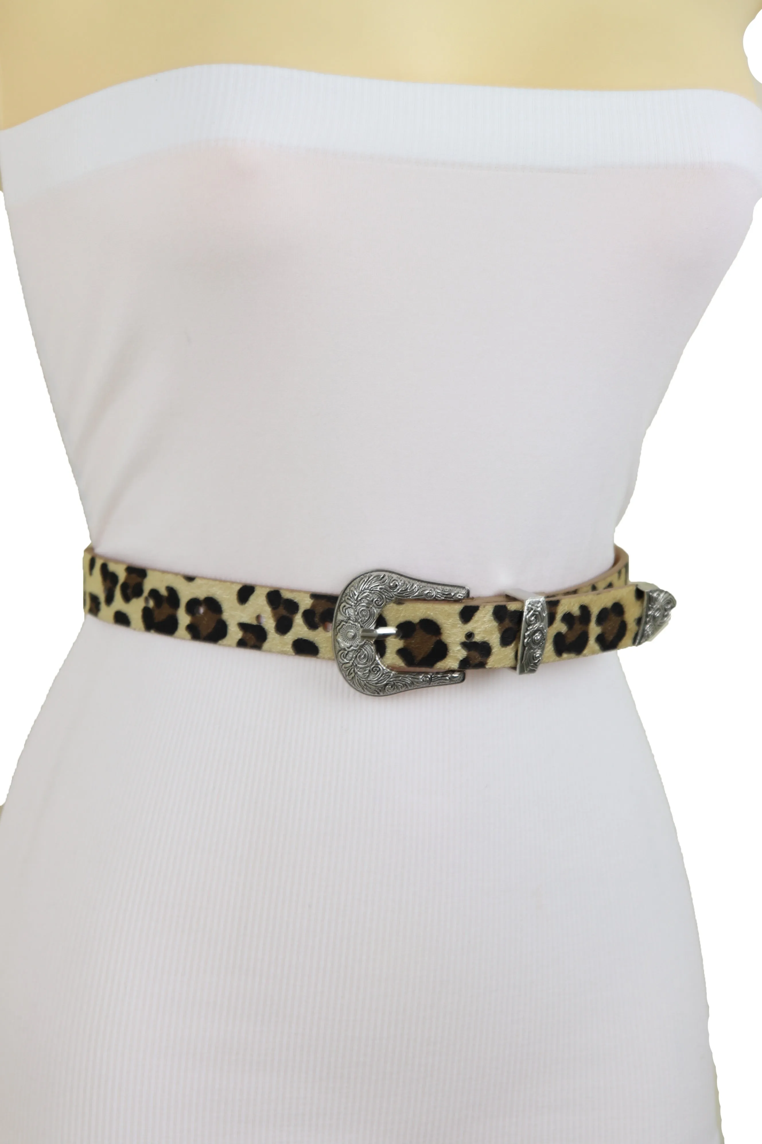 Western Filigree Buckle Faux Fur Leopard Print Skinny Classic Belt