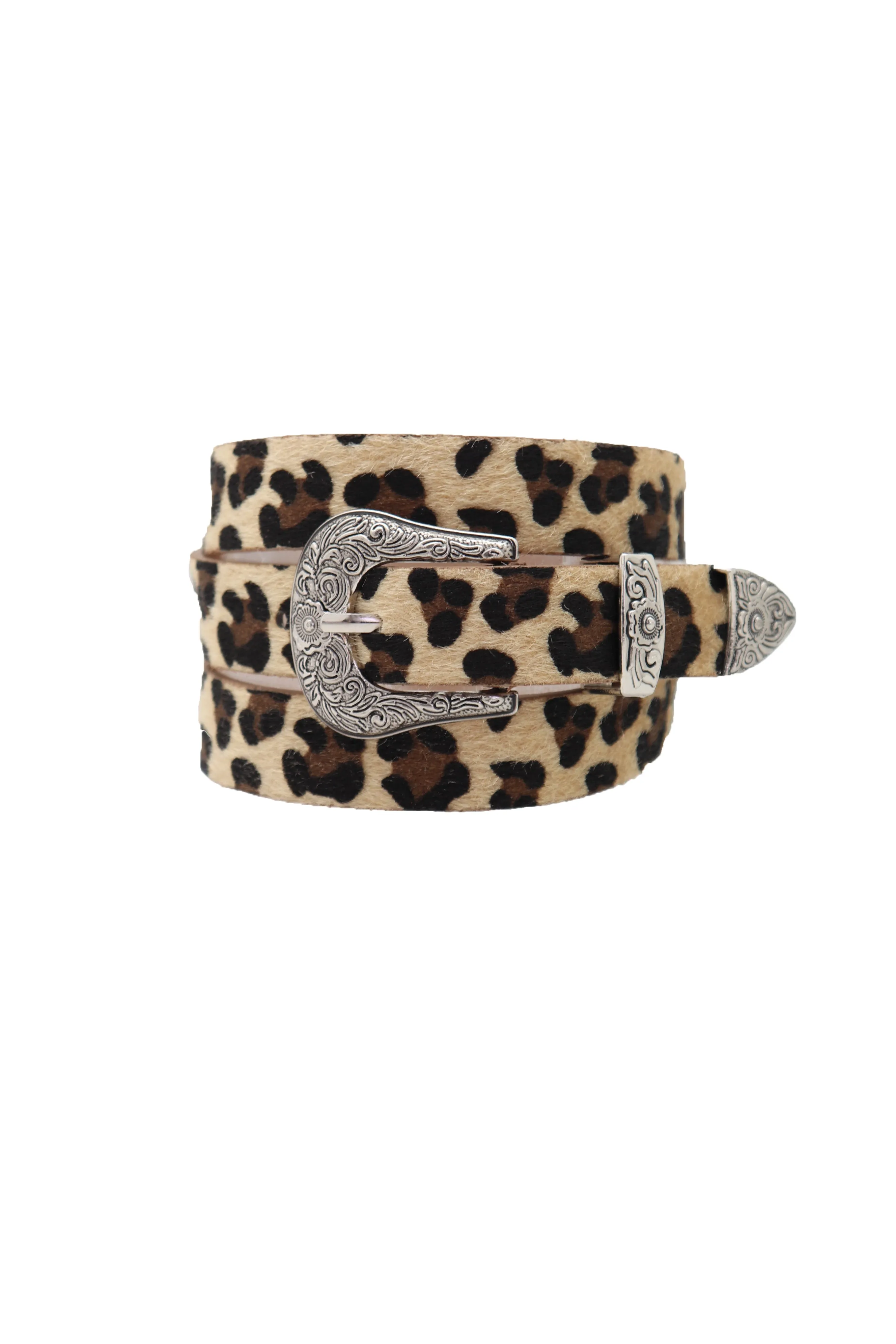 Western Filigree Buckle Faux Fur Leopard Print Skinny Classic Belt