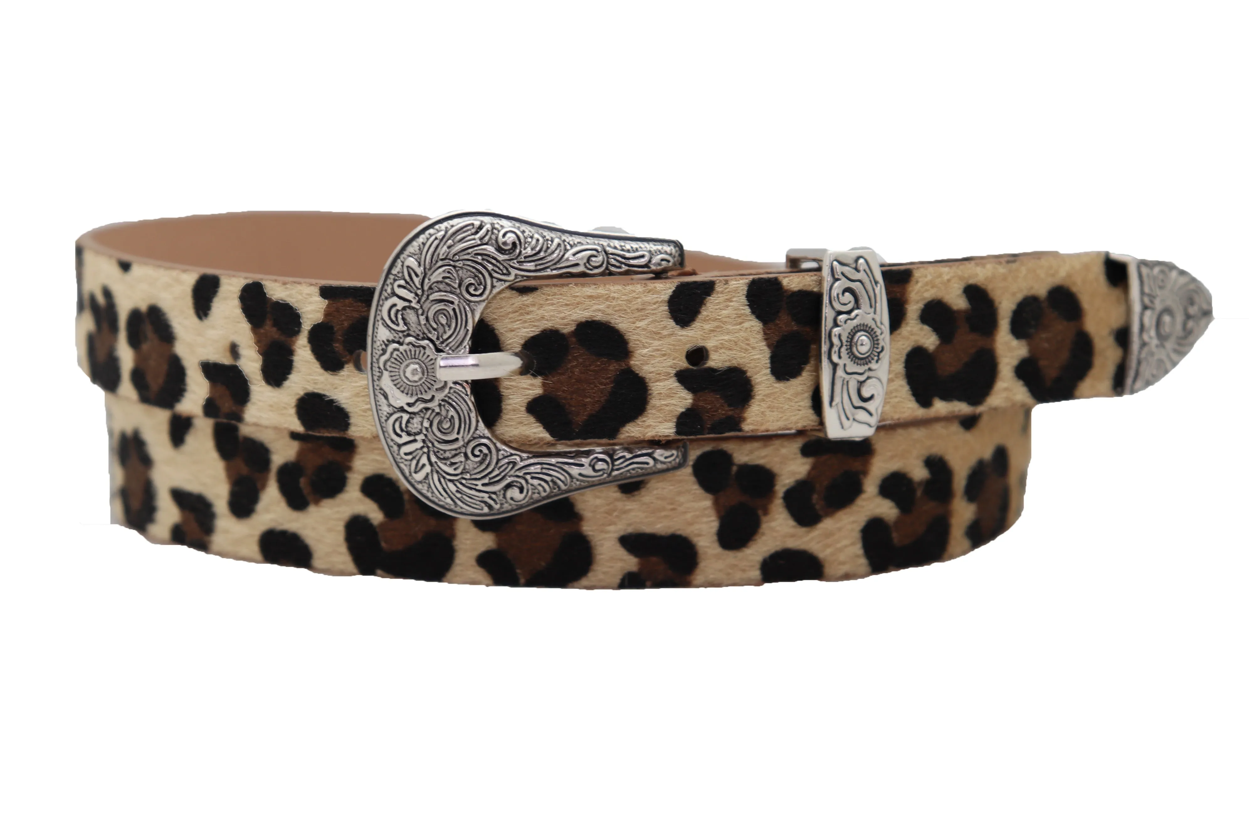 Western Filigree Buckle Faux Fur Leopard Print Skinny Classic Belt
