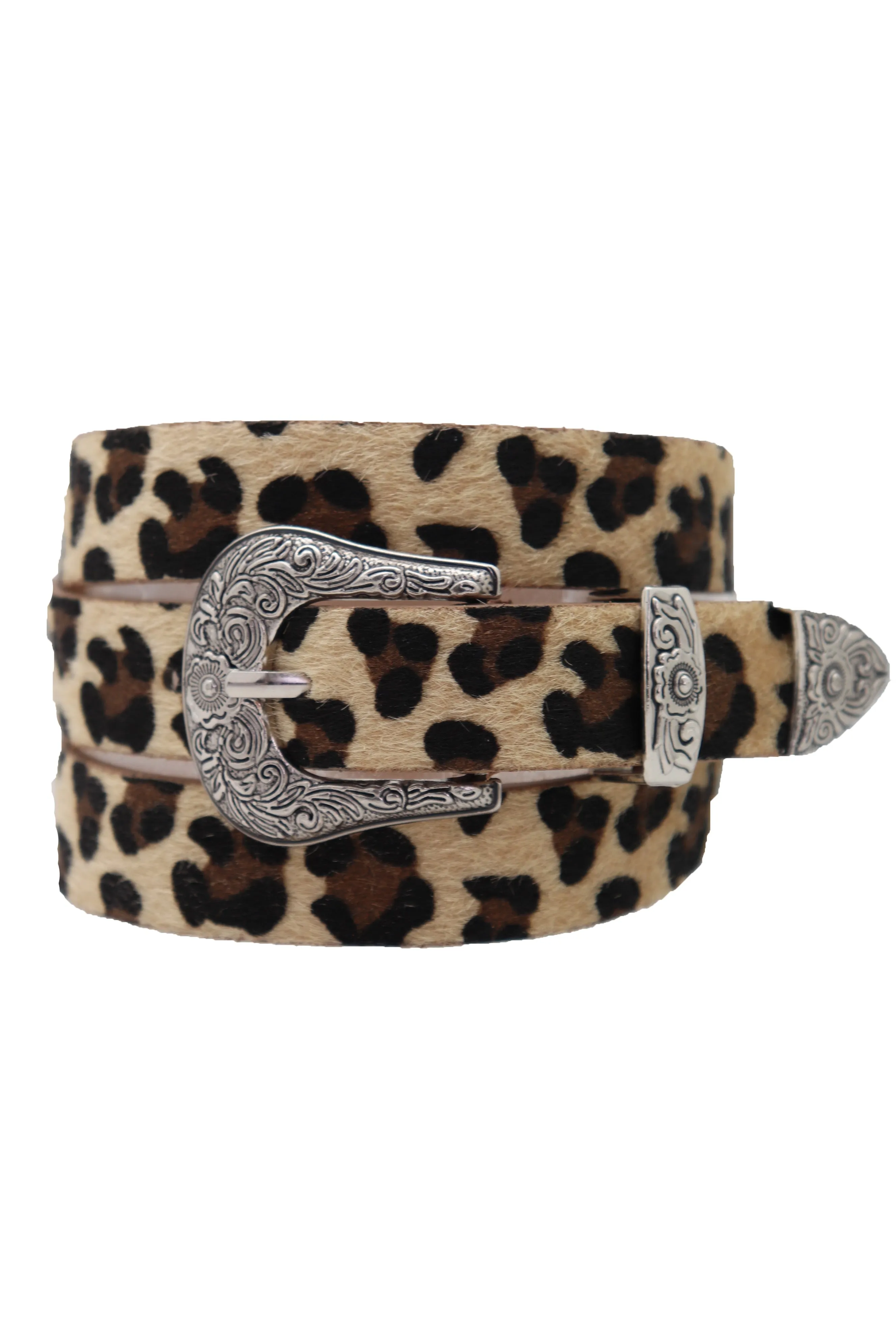 Western Filigree Buckle Faux Fur Leopard Print Skinny Classic Belt