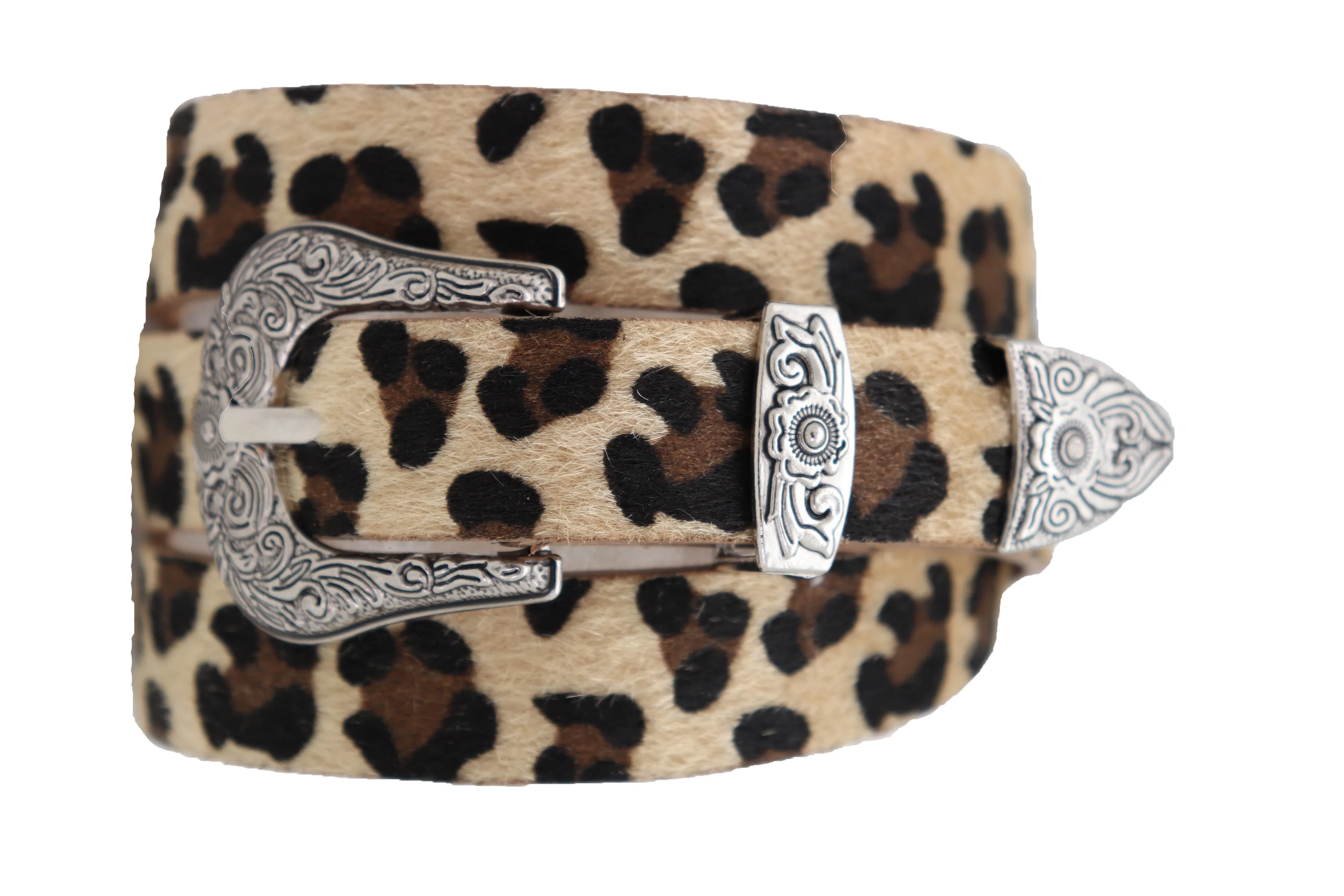 Western Filigree Buckle Faux Fur Leopard Print Skinny Classic Belt