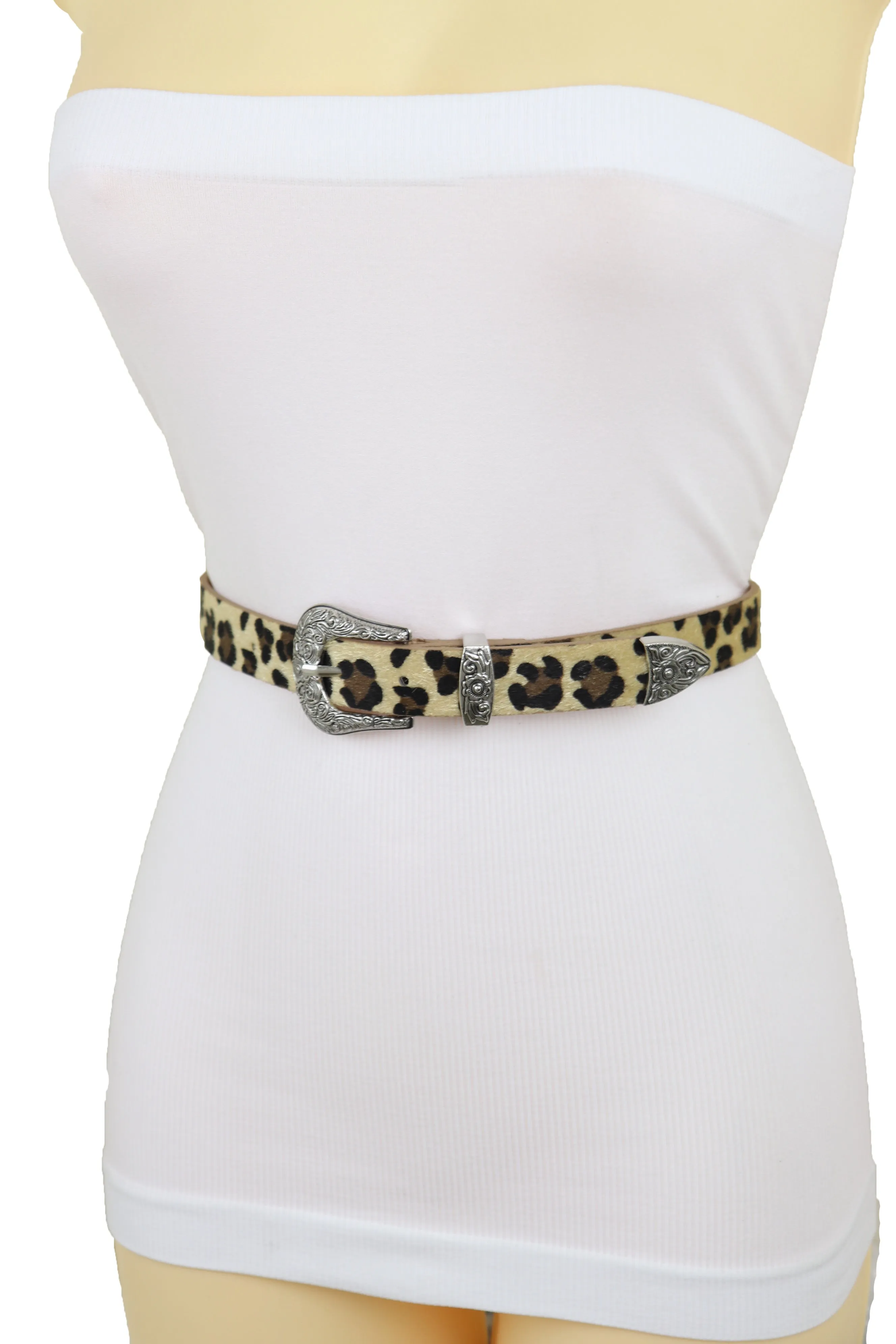 Western Filigree Buckle Faux Fur Leopard Print Skinny Classic Belt