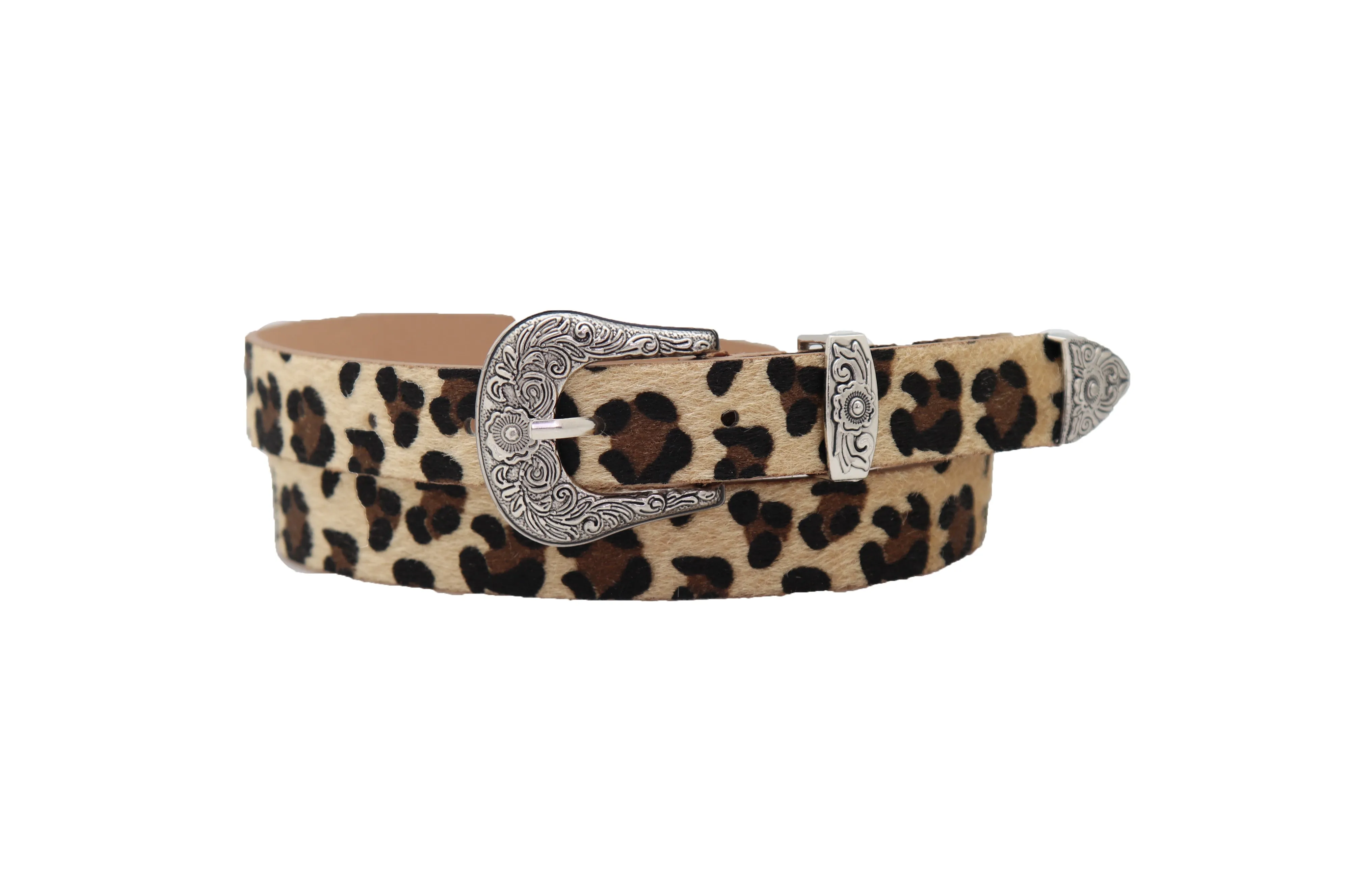 Western Filigree Buckle Faux Fur Leopard Print Skinny Classic Belt