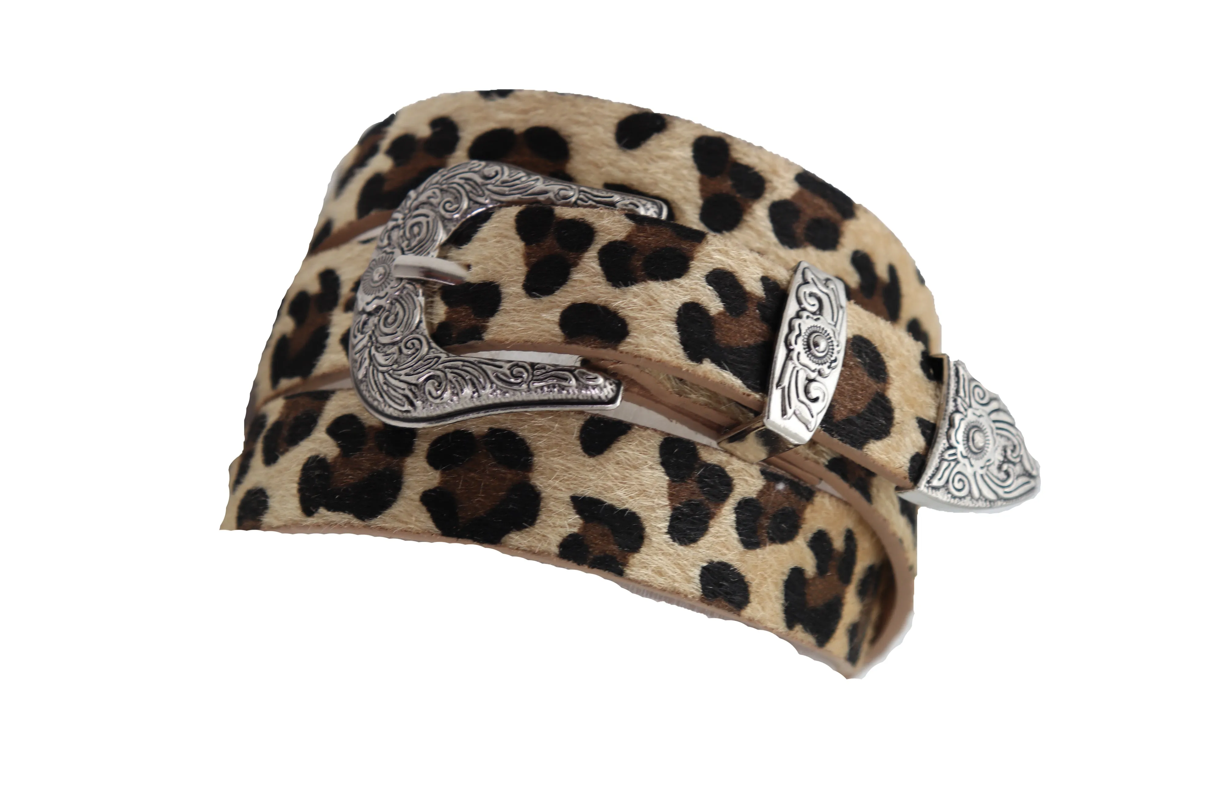 Western Filigree Buckle Faux Fur Leopard Print Skinny Classic Belt