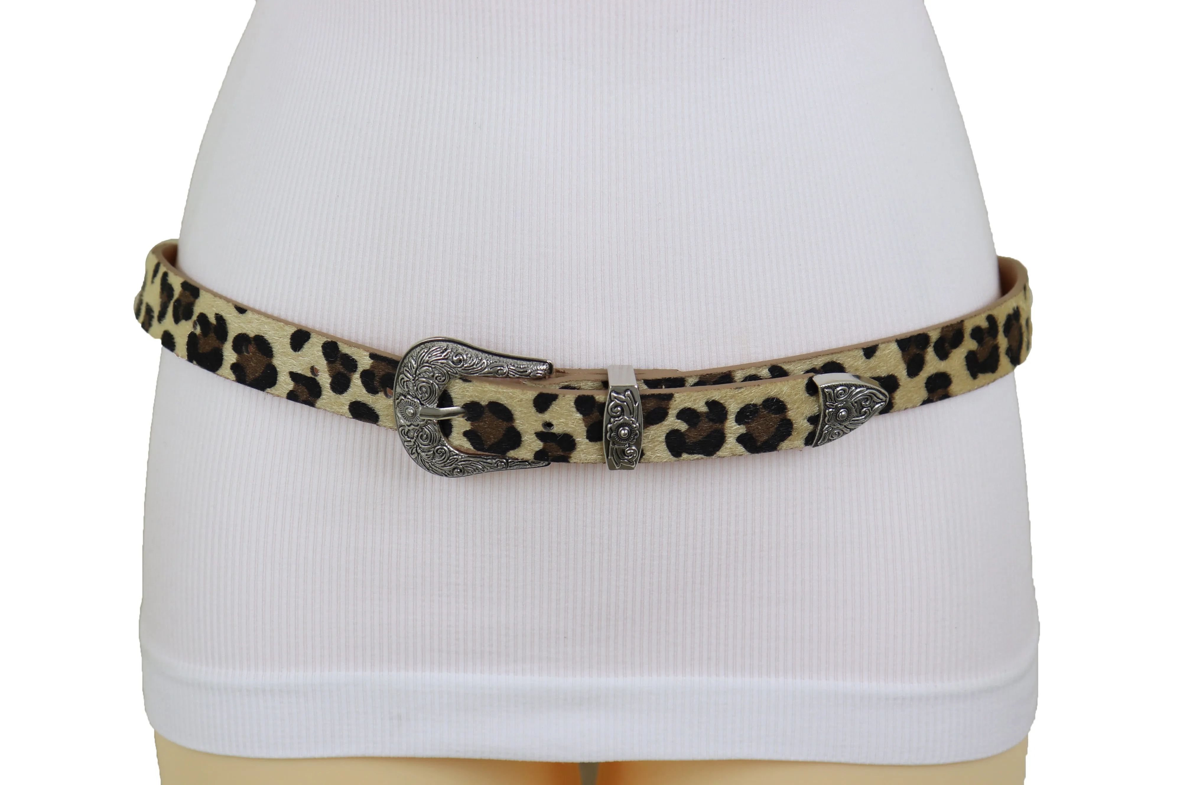 Western Filigree Buckle Faux Fur Leopard Print Skinny Classic Belt
