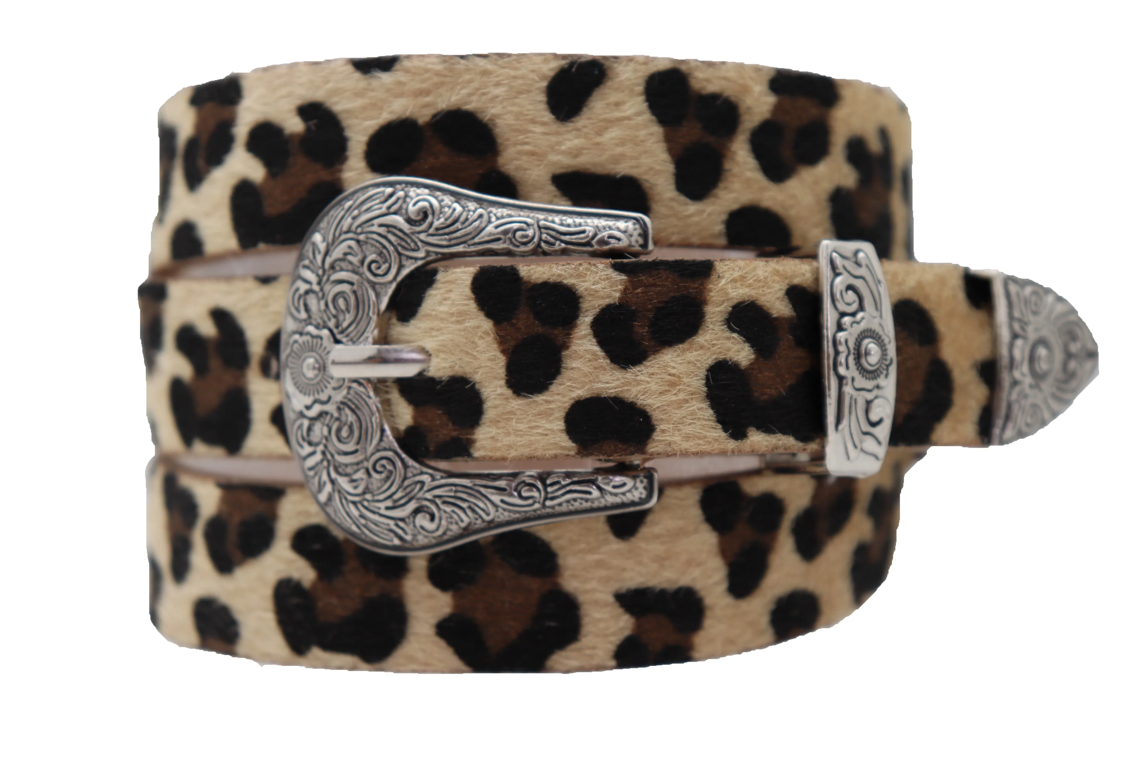 Western Filigree Buckle Faux Fur Leopard Print Skinny Classic Belt