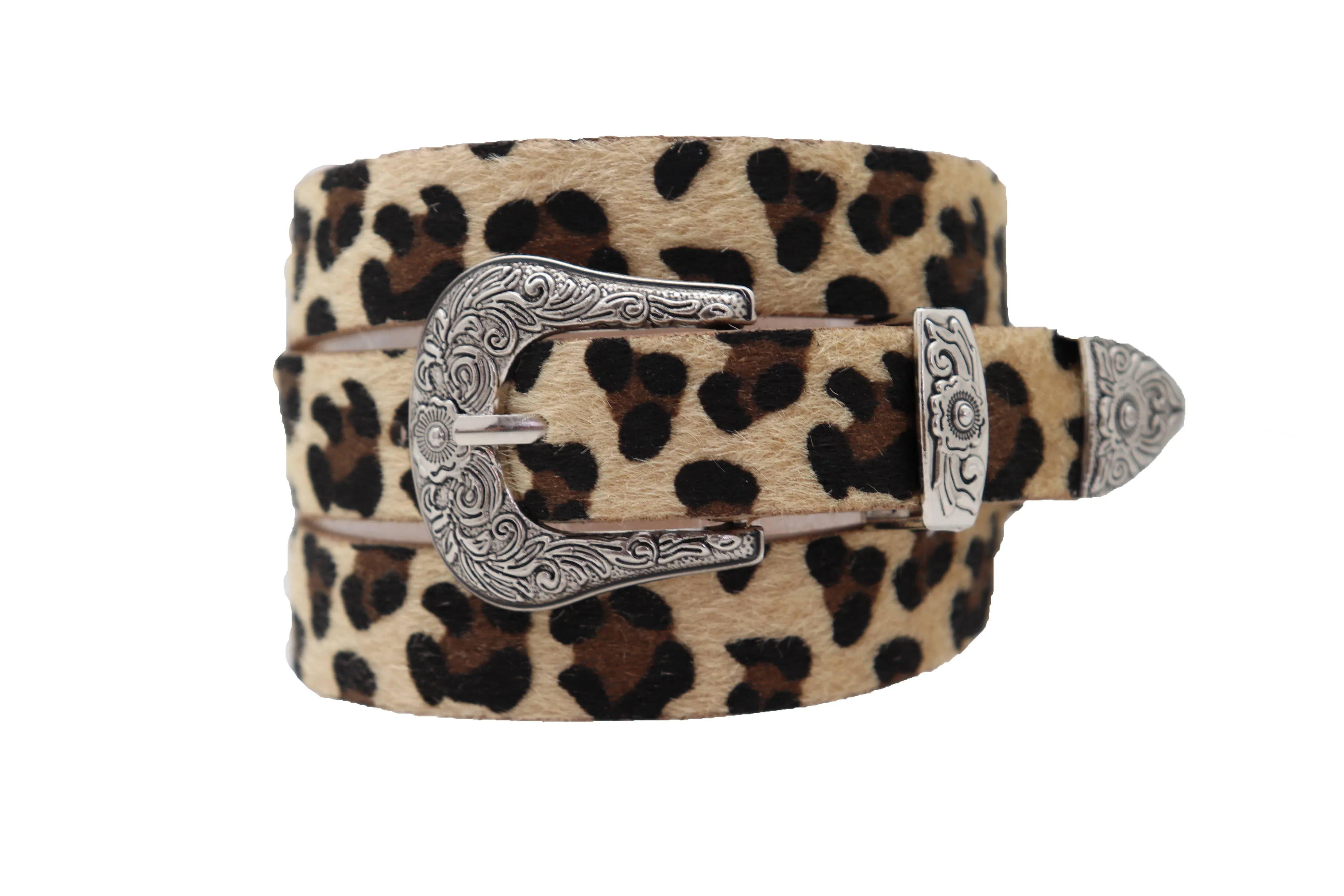 Western Filigree Buckle Faux Fur Leopard Print Skinny Classic Belt