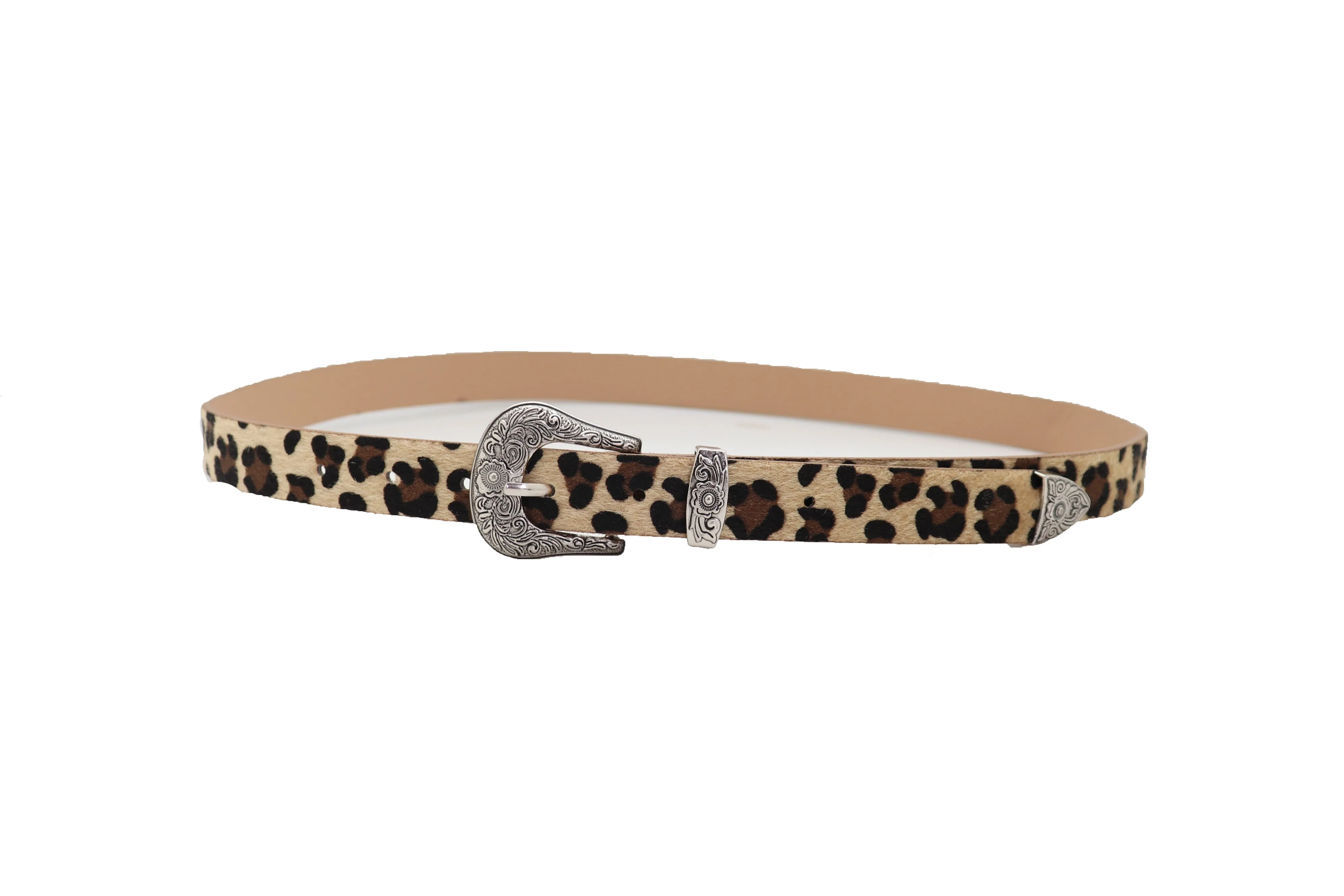 Western Filigree Buckle Faux Fur Leopard Print Skinny Classic Belt