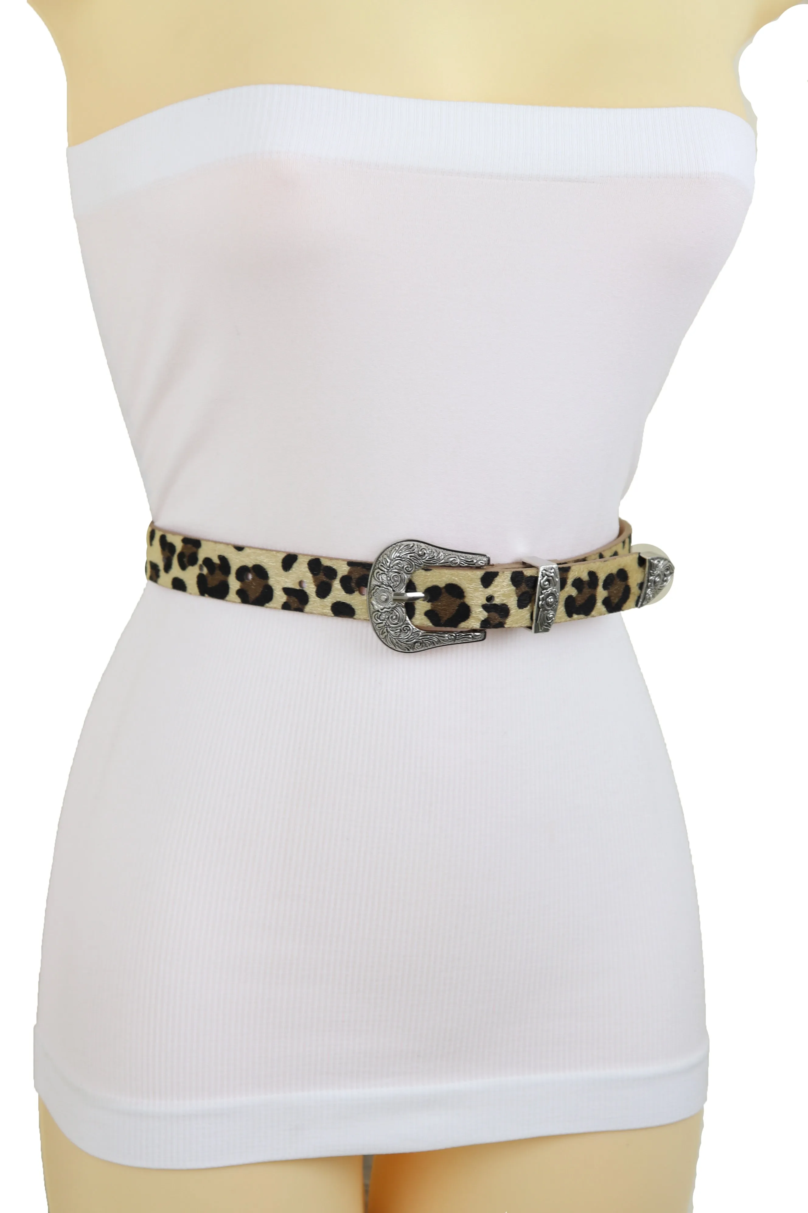 Western Filigree Buckle Faux Fur Leopard Print Skinny Classic Belt