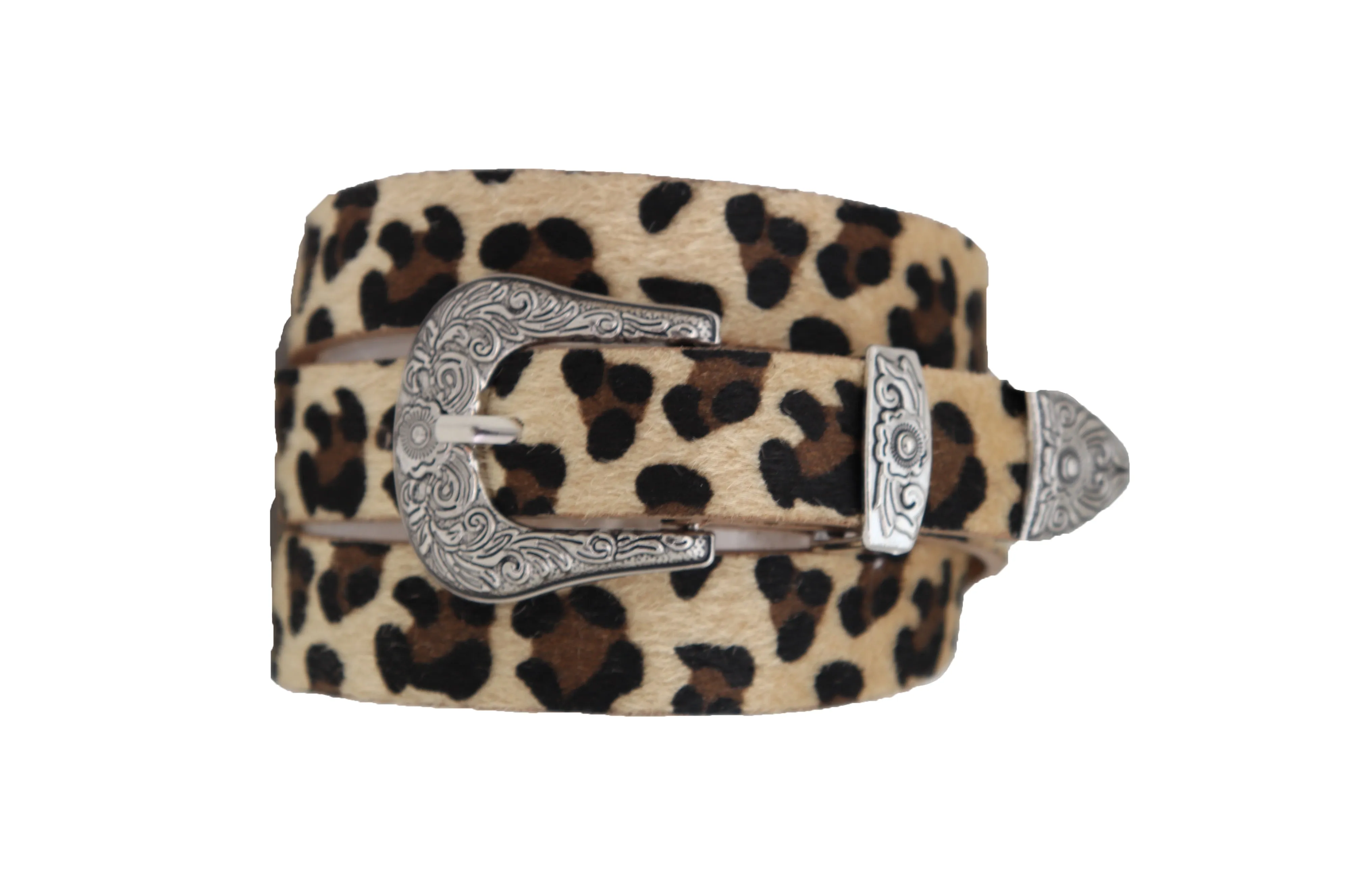 Western Filigree Buckle Faux Fur Leopard Print Skinny Classic Belt