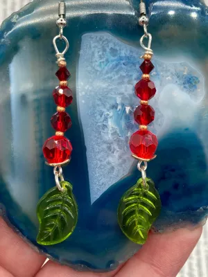 Whimsical Red And Green Beaded Earrings, Hippie Vibe, Shabby Chic, Boho Chic, Nature Inspired, Bohemian