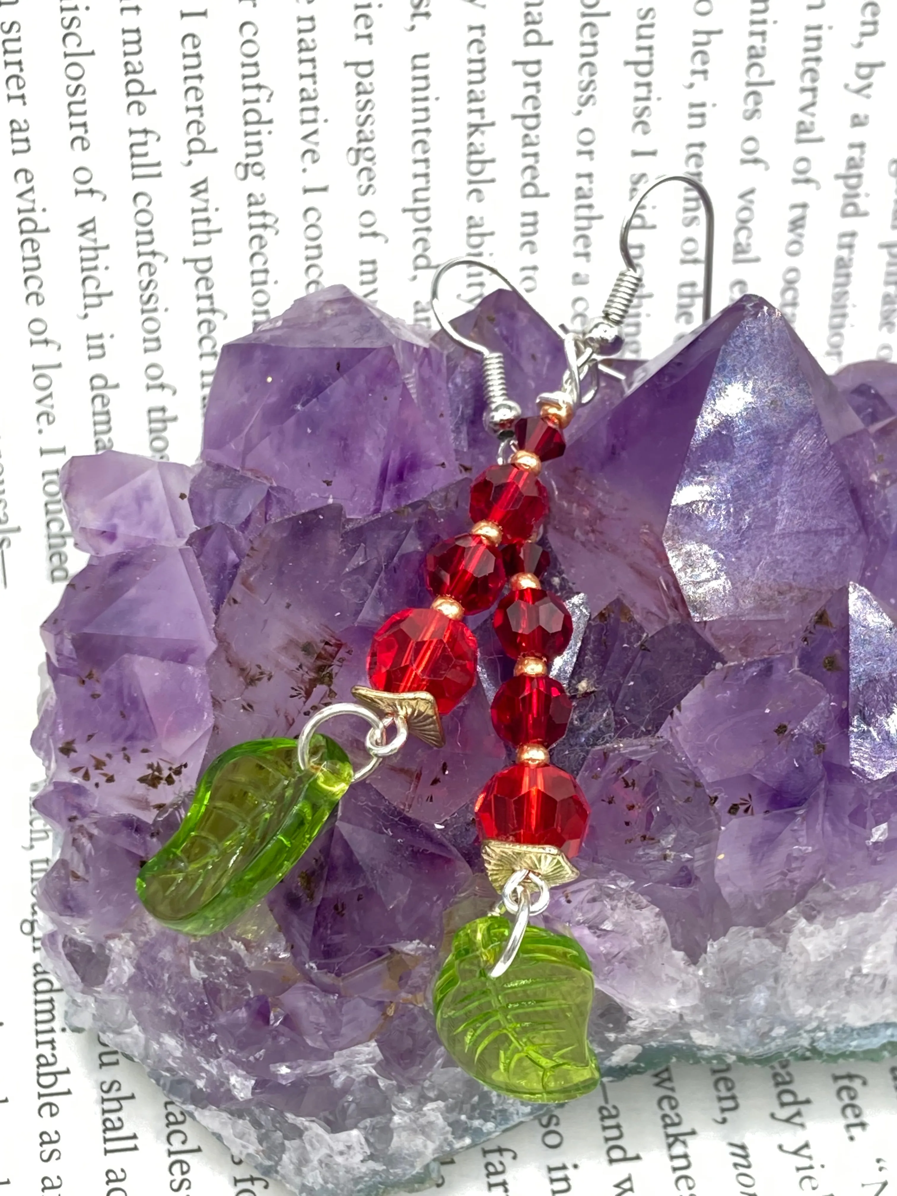 Whimsical Red And Green Beaded Earrings, Hippie Vibe, Shabby Chic, Boho Chic, Nature Inspired, Bohemian