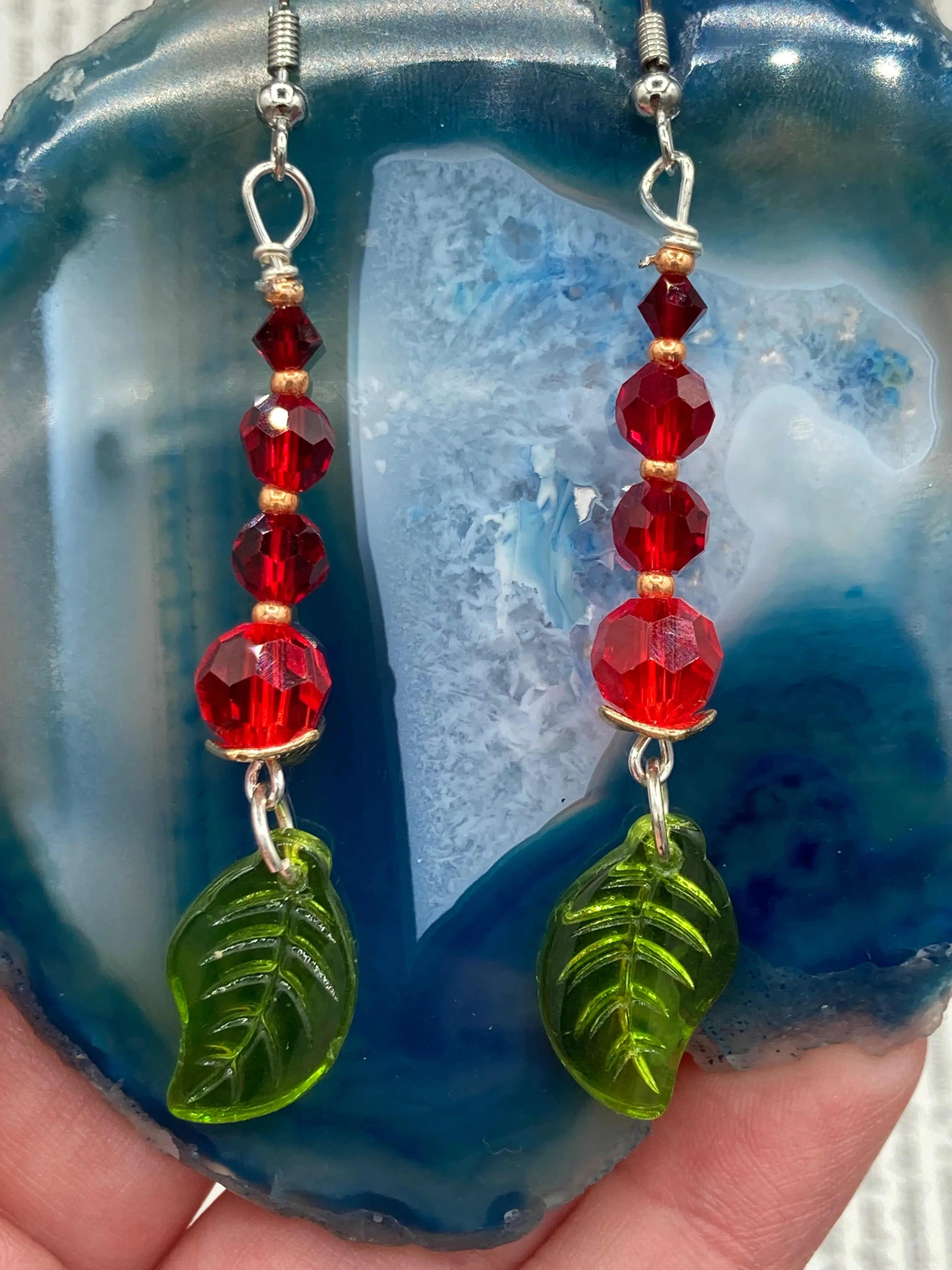 Whimsical Red And Green Beaded Earrings, Hippie Vibe, Shabby Chic, Boho Chic, Nature Inspired, Bohemian