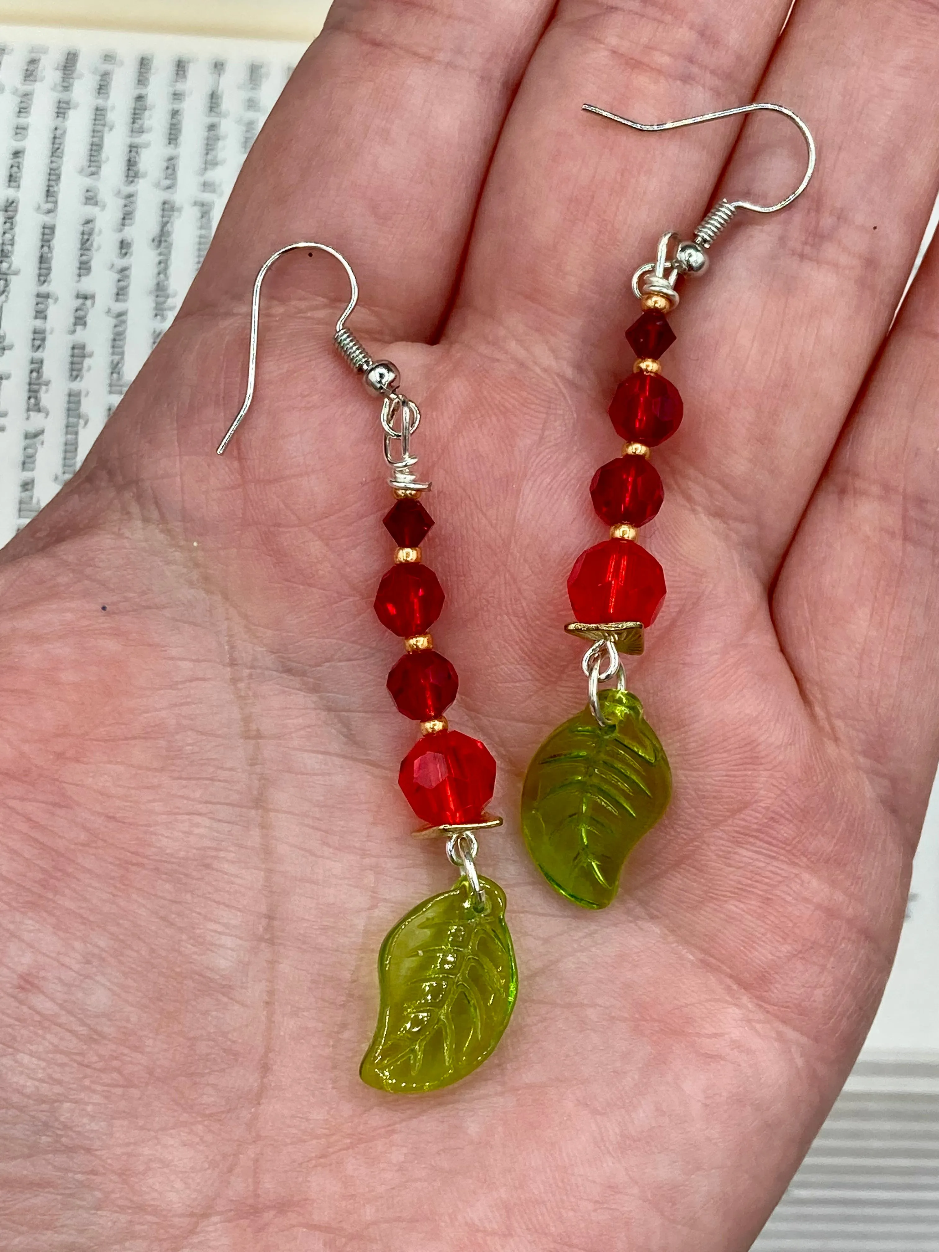 Whimsical Red And Green Beaded Earrings, Hippie Vibe, Shabby Chic, Boho Chic, Nature Inspired, Bohemian